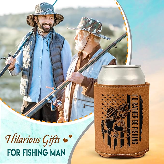 Fishing Gifts for Men – Leather Beer Can Cooler – Perfect Christmas, Birthday Gift for Fisherman – Fishing Present for Dad, Husband, or Friend – Durable Collapsible Leather Can Holder