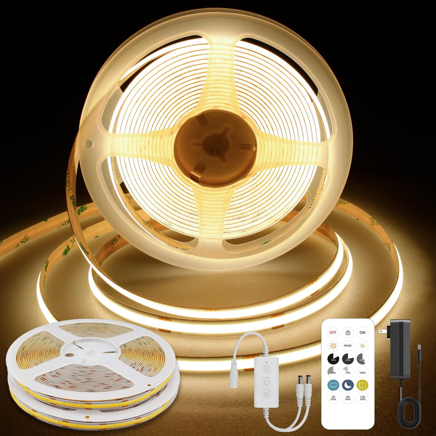 Pandery COB LED Strip Lights, 32.8FT, 3000K Warm White, Dimmable, Flexible, Cuttable, Model PD-COB-24V