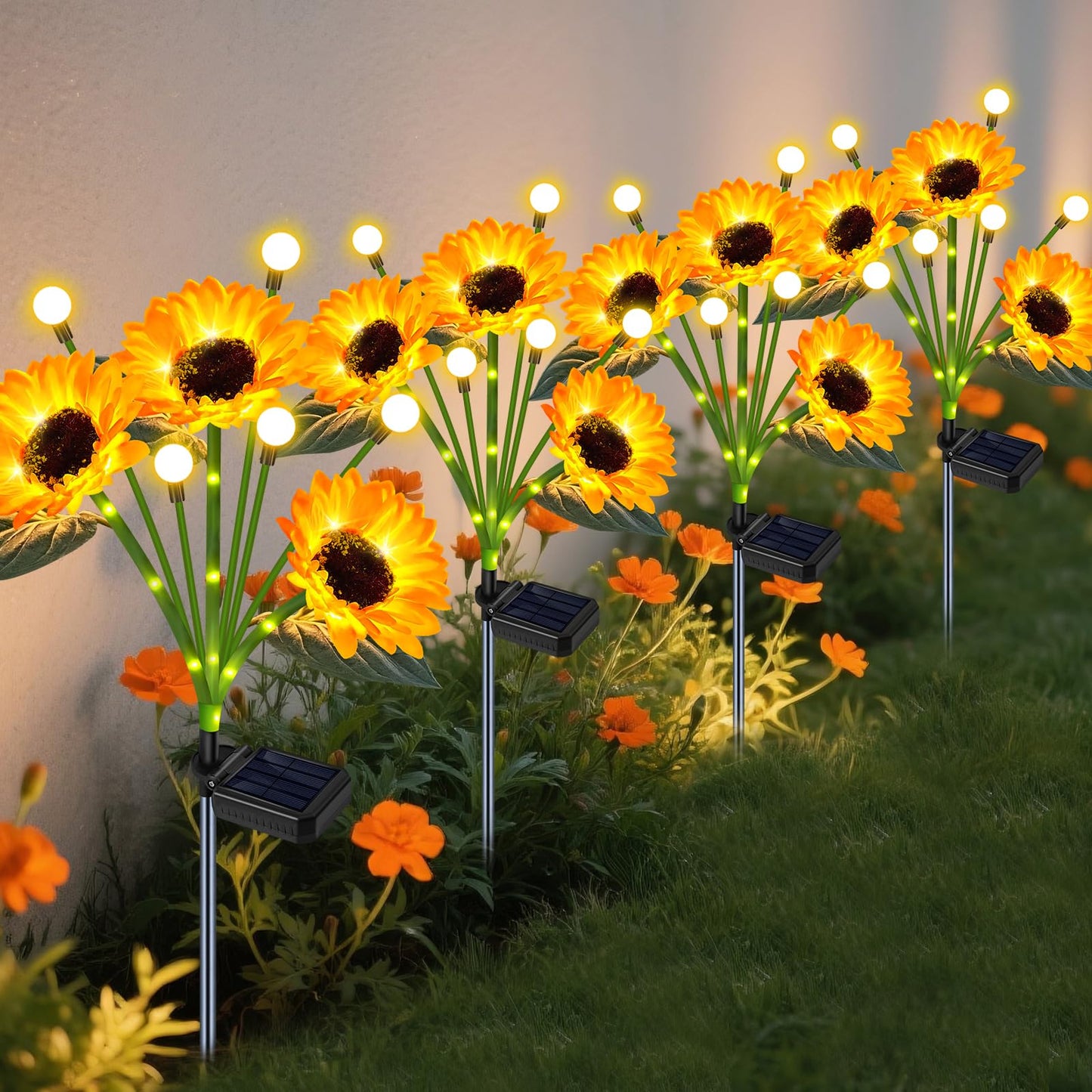 Solar Garden Lights Outdoor - Upgraded 4 Pack Solar Sunflowers Outdoor Waterproof with Firefly Lights,Garden Decor for Outside Y