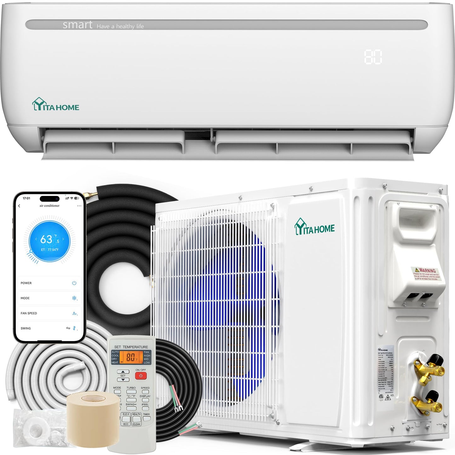 YITAHOME 12000 BTU Mini Split Air Conditioner Heat Pump System, Wifi Enabled 17 SEER2 208-230V Inverter Ductless AC Cool Up to 7