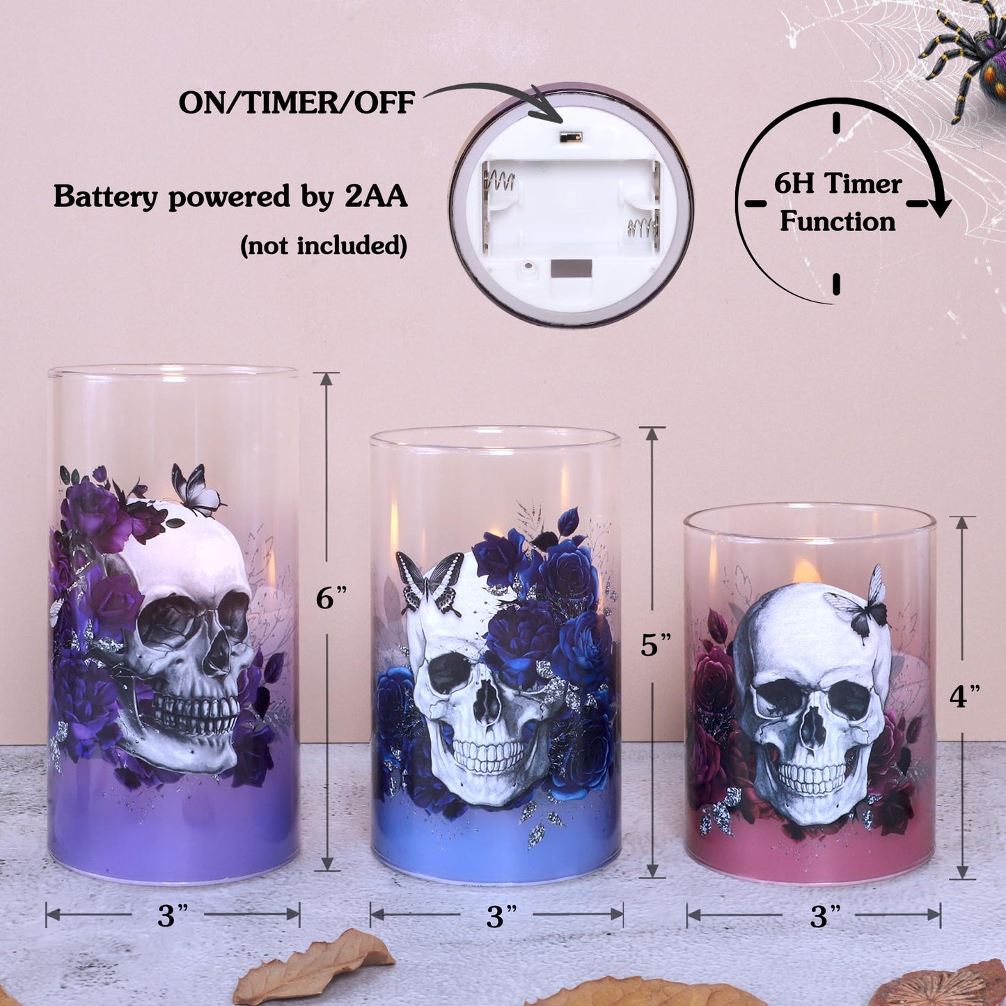 Immeiscent Halloween Glass Flameless Candles Romantic Gothic Skull Floral Battery Operated Remote Timer Flickering LED Pillar Candle for Wedding Party Goth Bathroom Decor