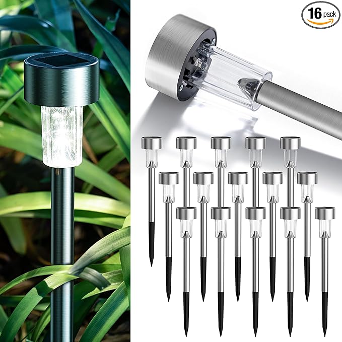 GIGALUMI 16 Pack Solar Lights Outdoor Waterproof,Stainless Steel LED Solar Garden Lights for Patio, Lawn, Yard and Landsca...