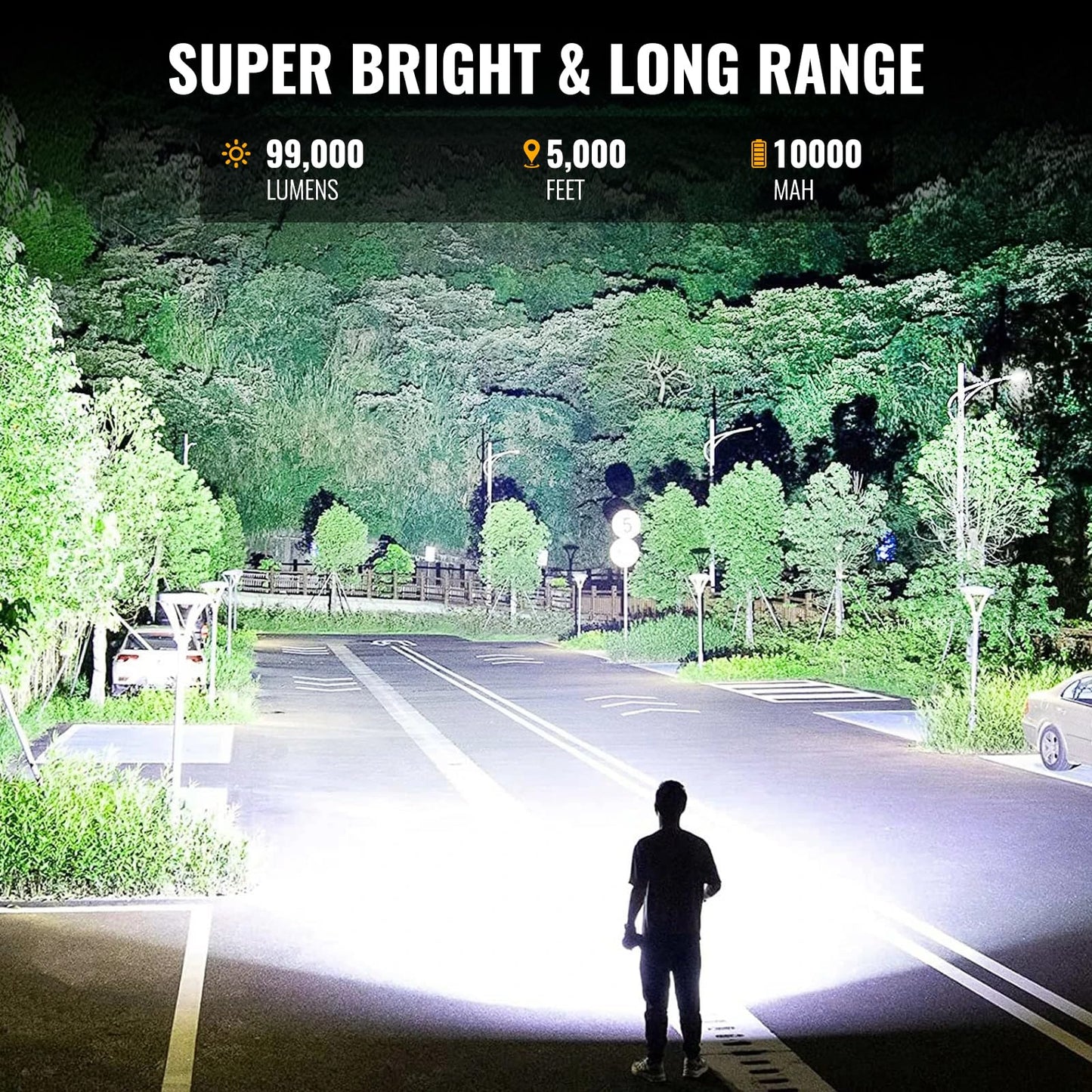 BEFAMALI Rechargeable Spotlight 99000 Lumens LED Flashlight with Tripod, 10000mAh, Black, Model W5225