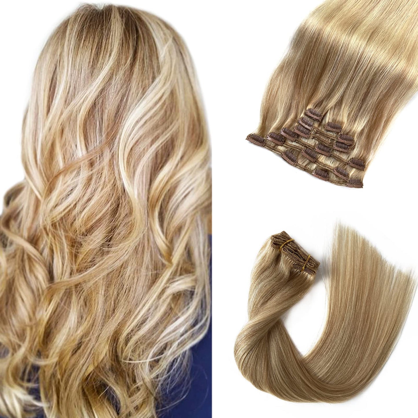 Labetti Clip in Human Hair Extensions with Blonde Highlights 7 Pieces 70g Silky Straight Weft Remy Real Hair (20 inches, #27-613