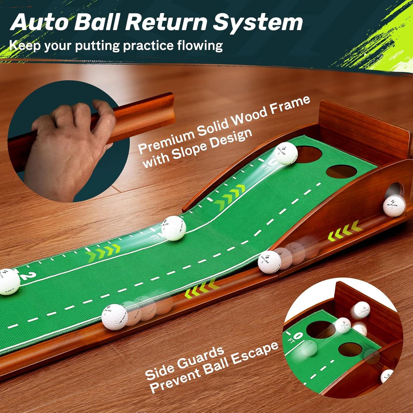 SAPLIZE Golf Putting Mat/Putting Green Mat - Adjustable Slope, Trajectory Tracking, Automatic Ball Return & Pong Game Modes |Portable Practice Green for Home, Office, Indoor & Outdoor