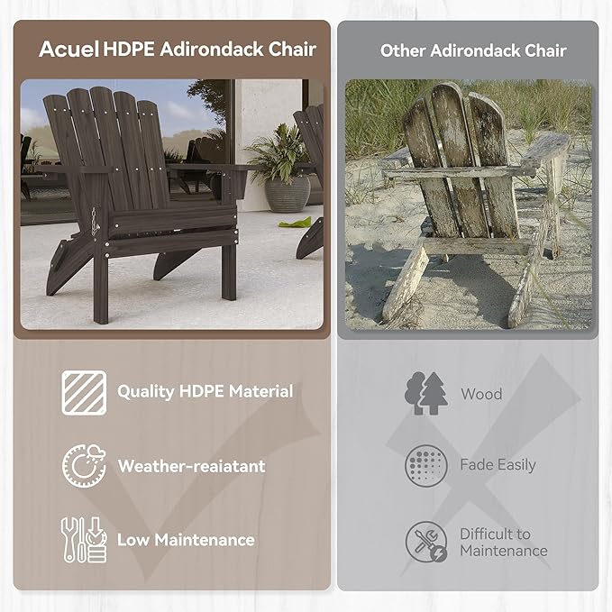 Set of 4 Folding Adirondack Chairs, Heavy Duty Weather-Resistant Patio Chairs with Wide Armrests & Ergonomic High Back, HDPE Fire Pit Seating for Backyard, Garden, Porch - Dark Brown