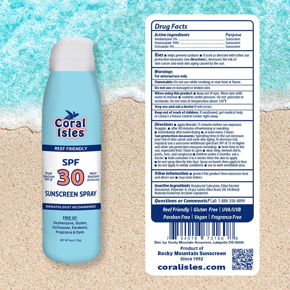 Coral Isles SPF 30 Sunscreen Spray - Hawaii Compliant as Reef Safe - Oxybenzone & Octinoxate Free - Broad Spectrum - Water Resis