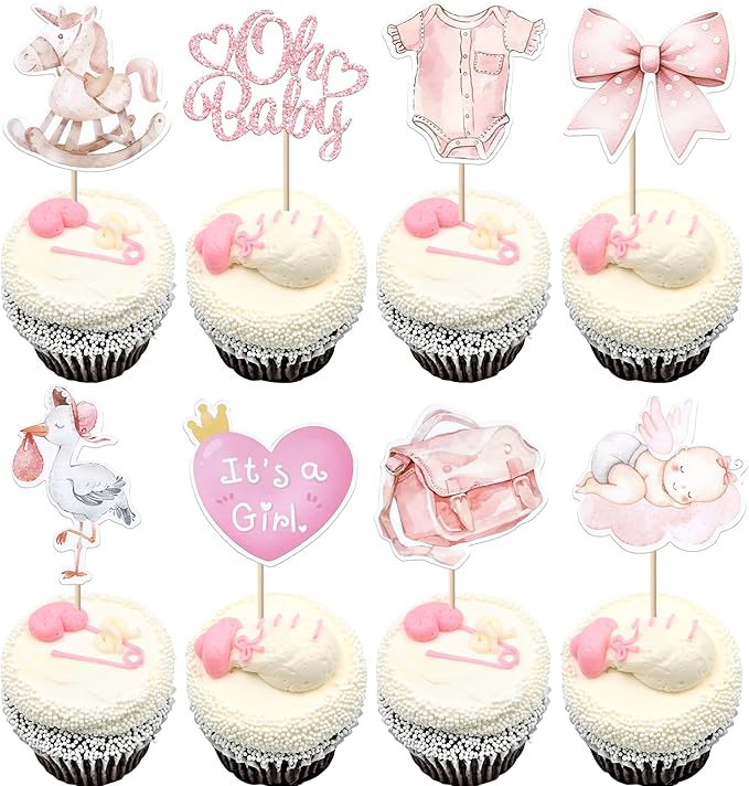 Rsstarxi 40 Pack Baby Cupcake Toppers Oh Baby Shower Decorations - Bow Trojan Horse It's a Girl Cupcake Picks for Welcome Baby Girls Birthday Party Cake Decorations