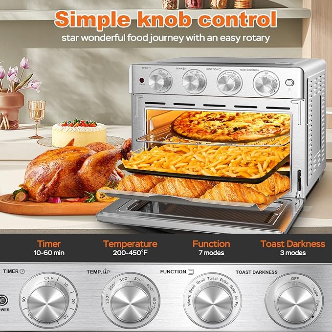 Geek Chef Air Fryer Oven 26 QT, Big Air Fryer, Toast Oven with Bake, Roast, Pizza, Convection Oven, Easy to Use & Clean, 6 Slice Toast, Stainless Steel
