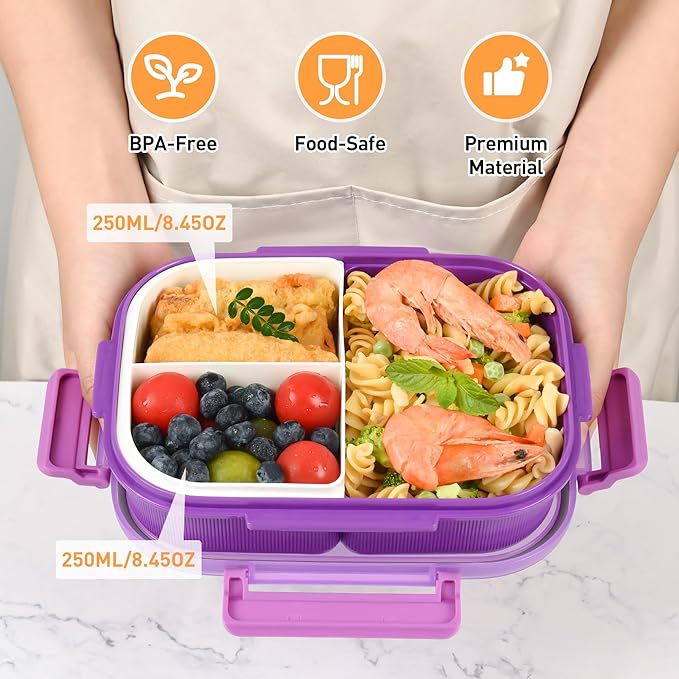 Bento Box with Removable Compartments for Adults & Kids - 1000ml Leak Proof Lunch Box with Utensils, BPA-Free, Microwave & Dishwasher Safe, Portable(Purple)