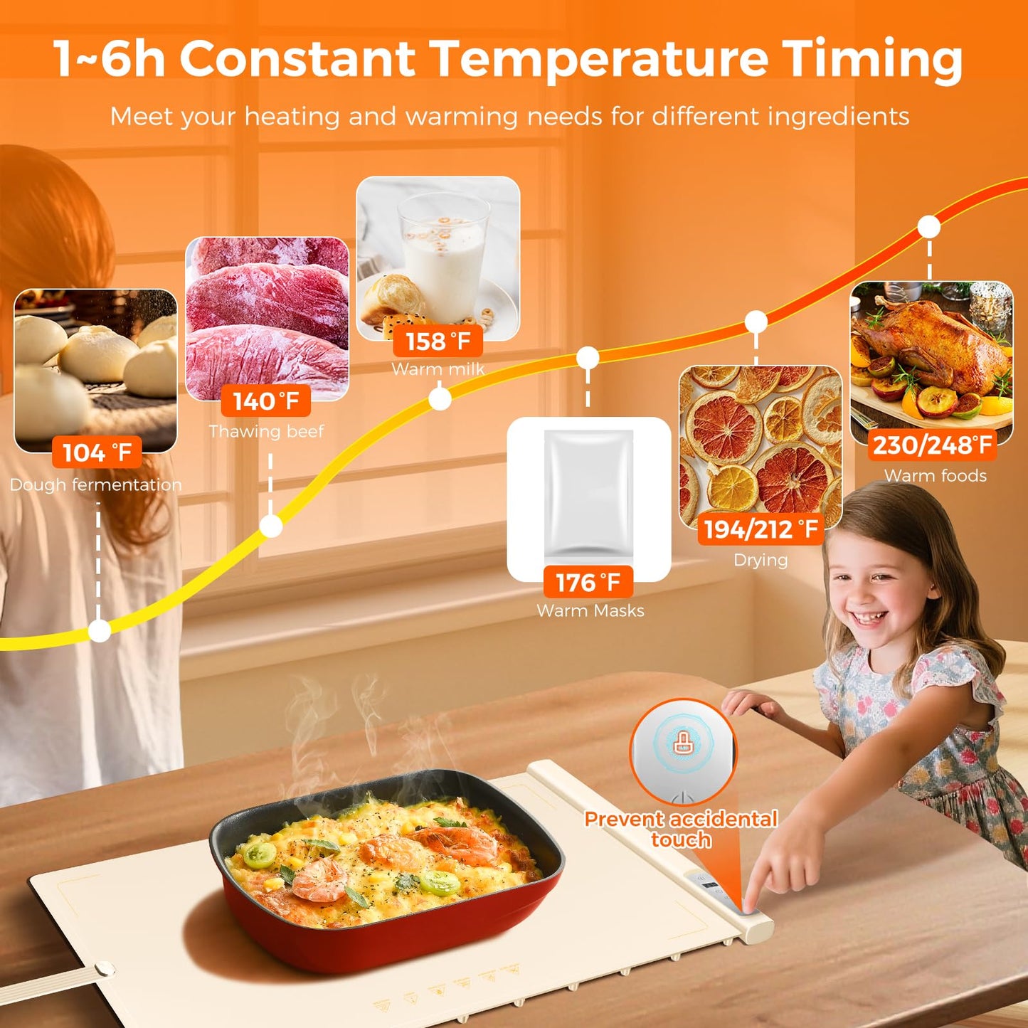 Warming Mat for Food | Max Temp 248℉,Electric Warming Tray with Timer and 8-Level Adjustable,Fast Full-Surface Food Heating Mat with Child Lock,Roll-Up & Portable Silicone Food Warmer for Buffet Party