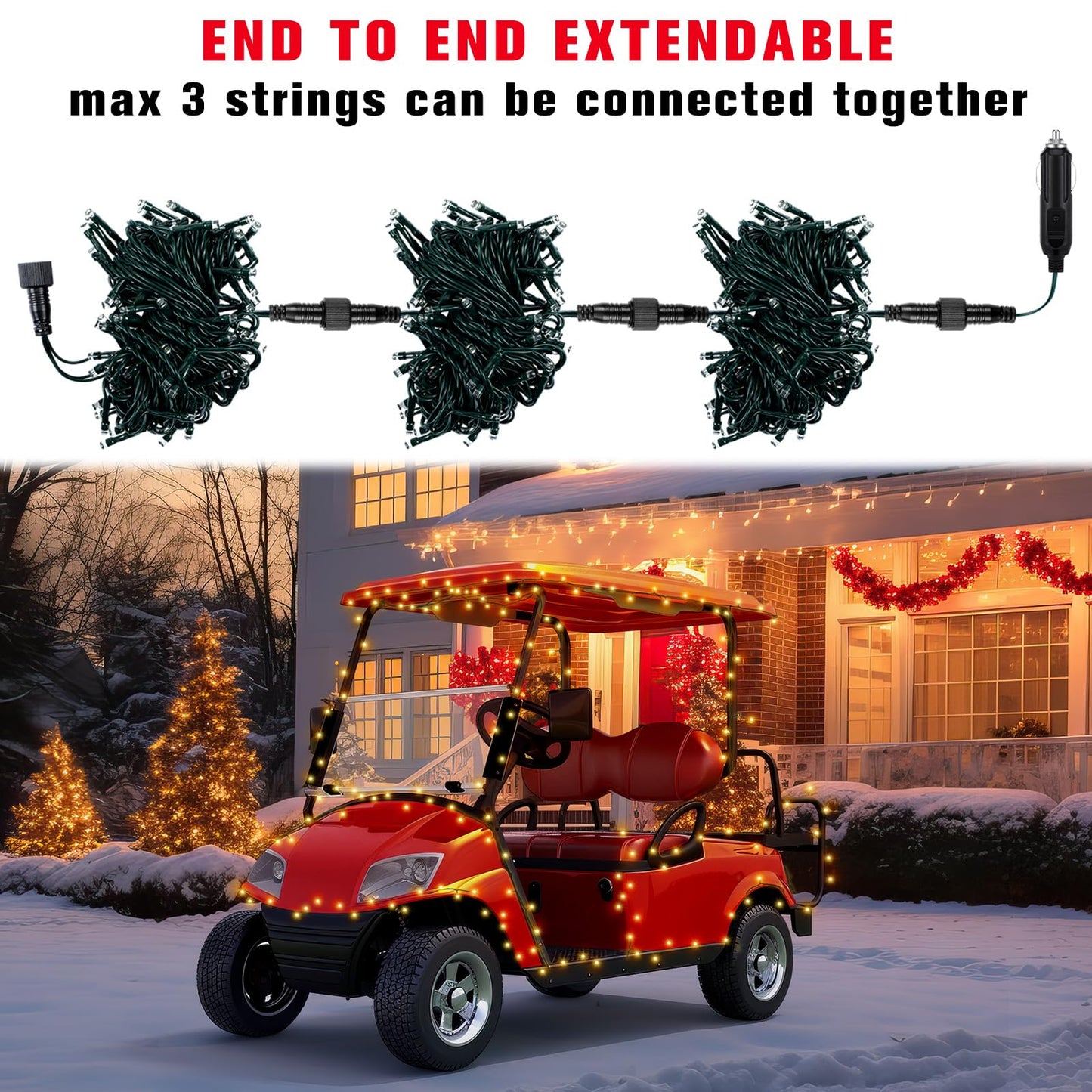 Aurelema 12V Christmas 32 Ft Car Led String Light Golf Cart Decorations Warm Yellow Light String Waterproof Atmosphere Lighting Kits For Christmas Car Accessories