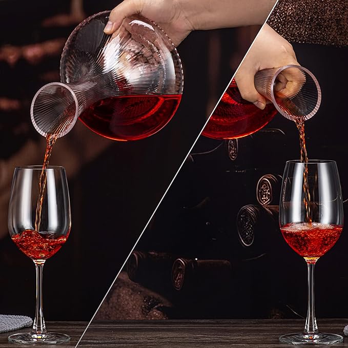 Wine Decanter with Aerator - 750ml Lead-Free Crystal Glass Red Wine Carafe, Hand Blown Vertical Stripe Design & Ergonomic Grip, Elegant Home Bar Decor for Wine Lovers, Wine Accessories (Gift Ready)