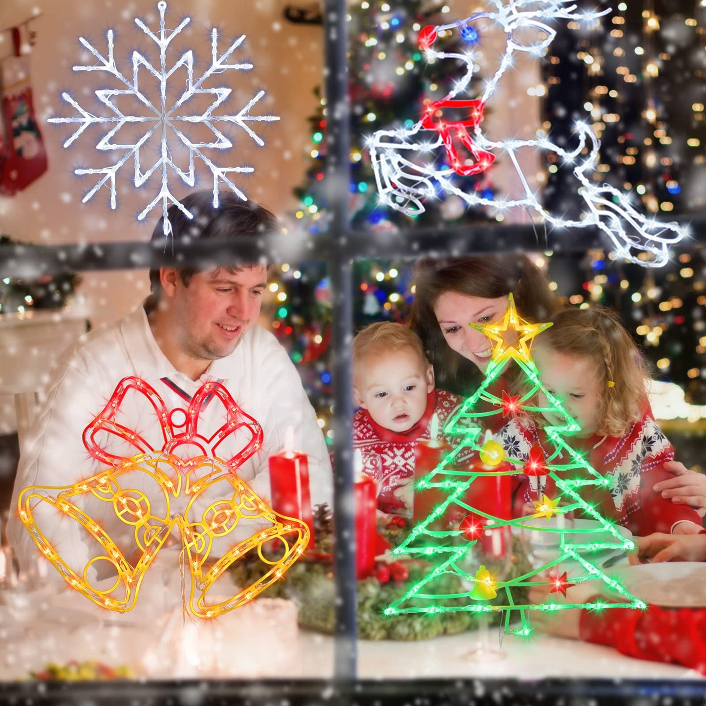 Trwymz Christmas Decorations - 16 Christmas Window Silhouette Lights - 4 Pack Colour Lighted Bell & Snowflake & Reindeer & Christmas Tree For Holiday Indoor And Outdoor Wall Door Window Decorate