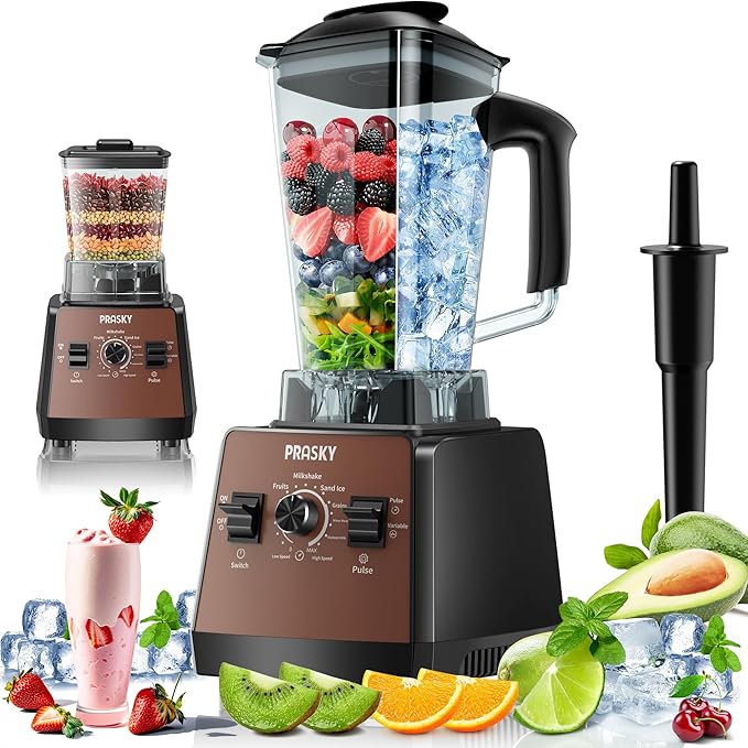 Blender, Smoothie Blenders, PRASKY Max.2400Watts/1000Watts Kitchen Blender and Grinder Combo 25000RPM Powerful Kitchen 68oz BPA Free 2 Containers Countertop Blenders Ice Crushing (Brown)