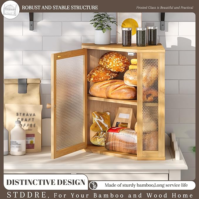 Corner Bread Box Kitchen Countertop Extra Large Capacity Farmhouse Bread Box, Corner Countertop Storage, Double Layer Bread Holder (Natural, Extra Large)