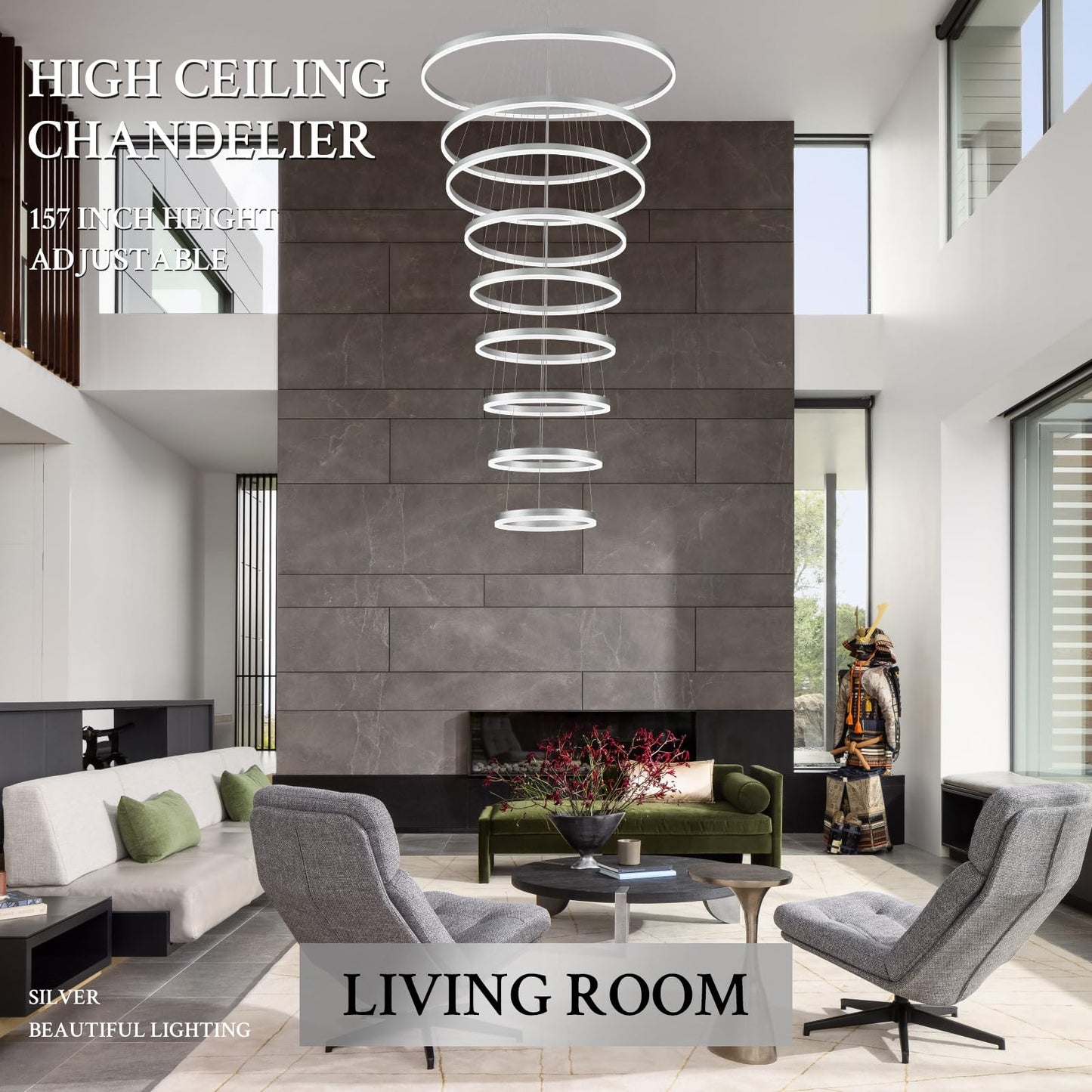Sparklelf Modern LED Chandelier, 9 Rings 39.4in, Dimmable, Silver, Remote Control, 3000K-6500K for High Ceiling Entryway, Living