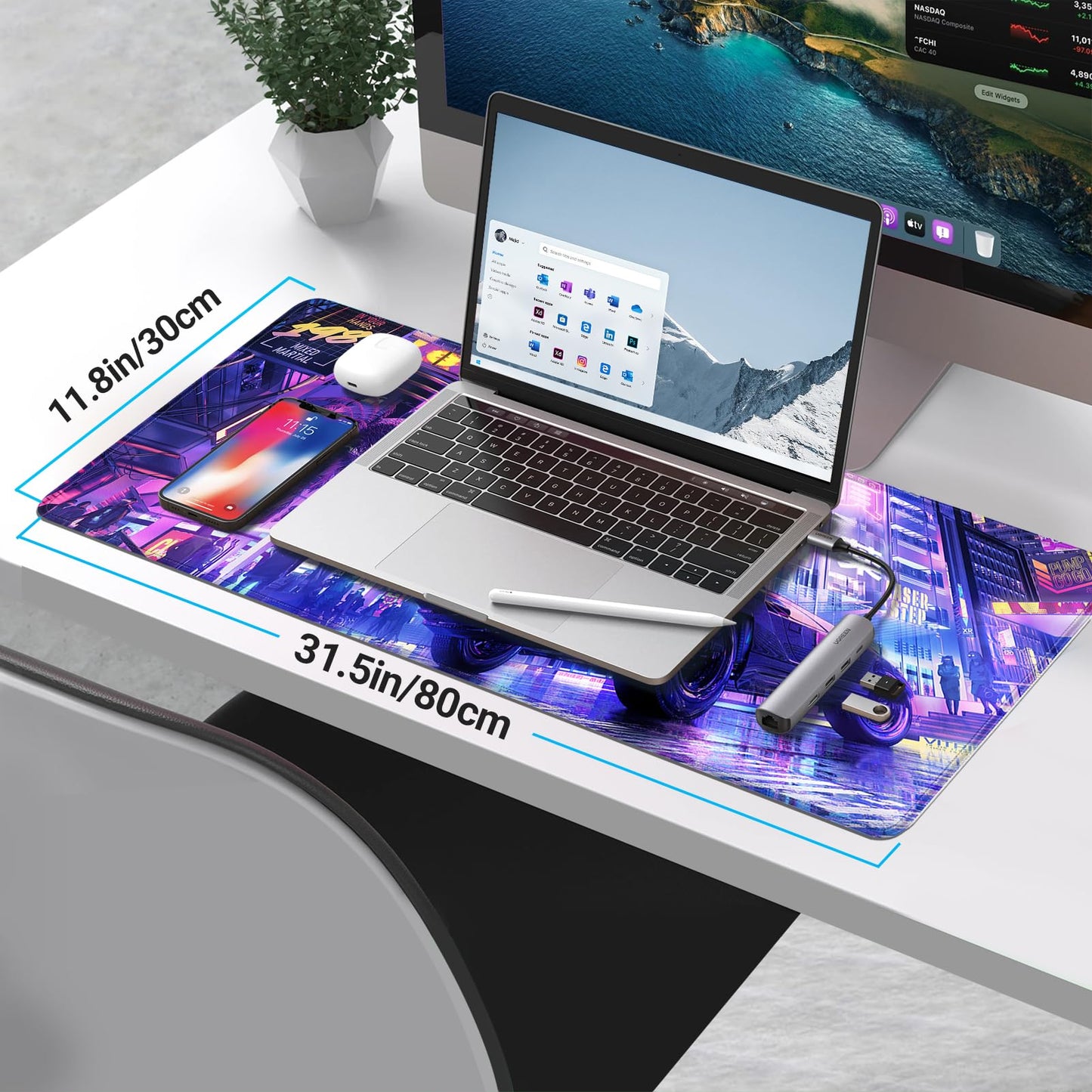 KMLVILE Anime City Gaming Desk Pad for Keyboard, XL Size, Stitched Edges, Anti-Slip Base, Waterproof, Big Mouse Pad for Gamer Office & Home (Purple, 31.5" x 11.8")