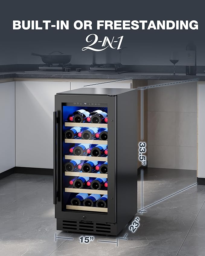 15 Inch Wine Cooler Refrigerator, 28 Bottle Wine Fridge with Removable Shelves, Wine Fridge Under Counter for Built-In or Freestanding with Double-Layer Glass Door, for Home, Office (Black)
