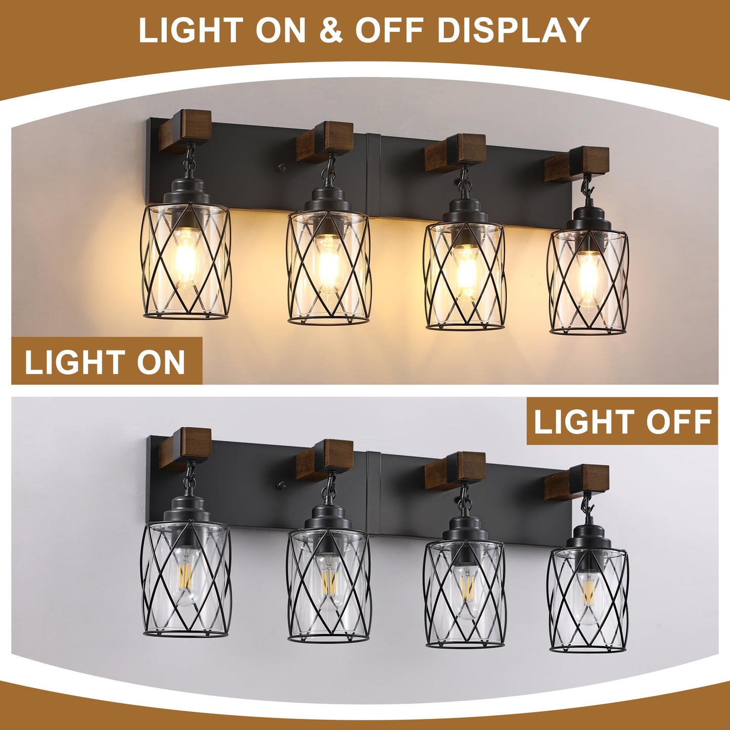 Farmhouse Bathroom Light Fixtures  4 Light Bathroom Vanity Light With Metal And Glass Lampshade  Wood Rustic Lighting Fixtures Over Mirror  Black Wall Sconces For Living Room  Bedroom