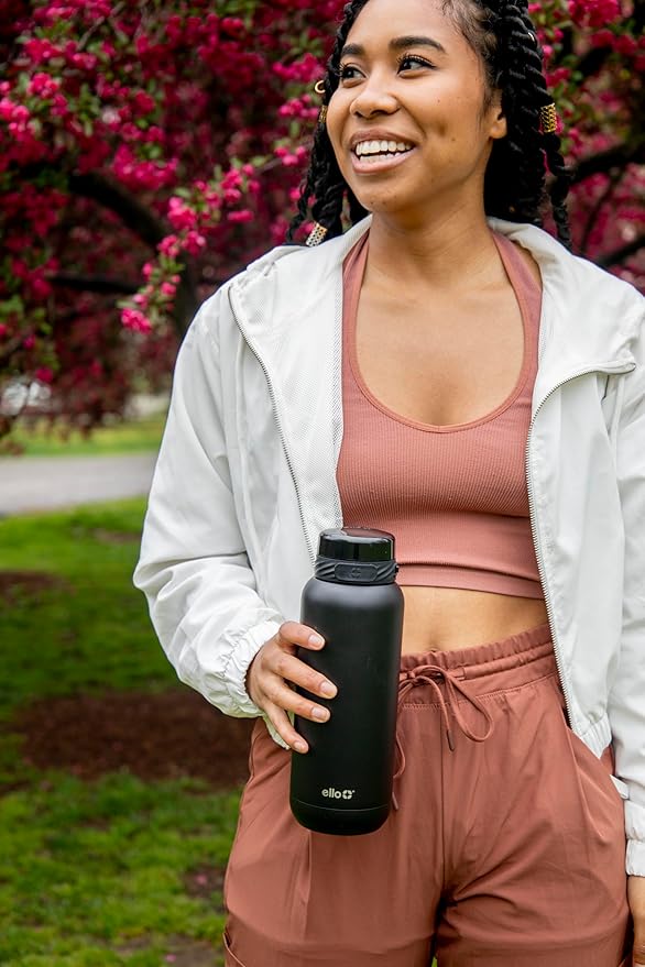 Ello Cooper 22oz Stainless Steel Water Bottle with Straw and Carry Handle, Double Walled and Vacuum Insulated Metal, Leak Proof Locking Lid with Soft Silicone Spout, Reusable, BPA Free, Black