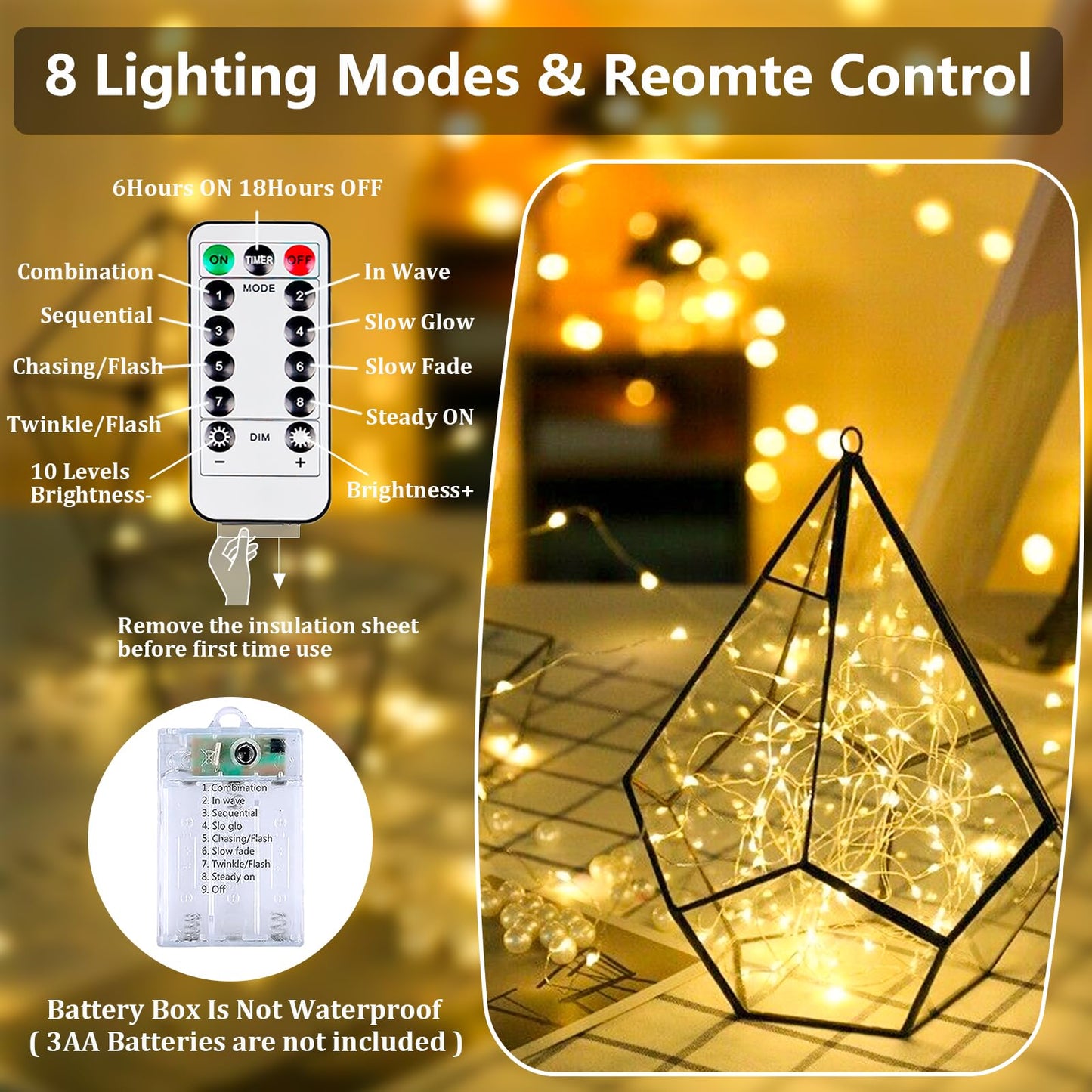 EXF 4-Pack Battery Operated Fairy Lights, 50 LEDs, Warm White, Remote & Timer, Waterproof, 16 FT, Model YHY-BO50LED