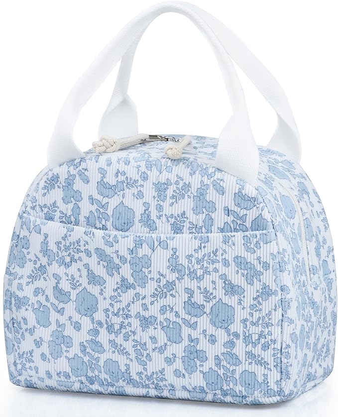 Lunch Bag - Insulated Lunch Box for Women, Reusable Large Capacity Cooler Bag for Adult, Small Leakproof Cute Corduroy Lunch Tote for Work Office Travel Picnic (Corduroy Blue-Flower)