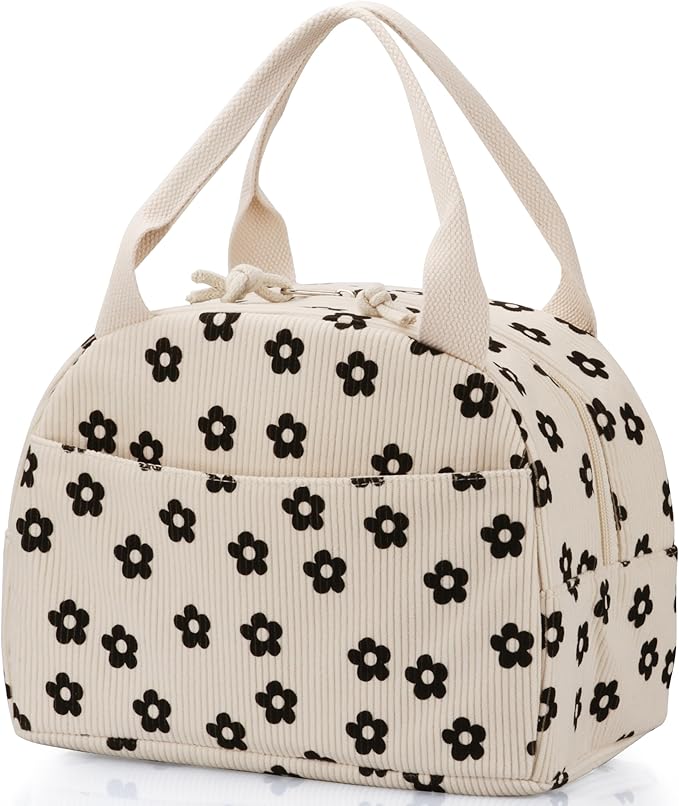Lunch Bag - Insulated Lunch Box for Women, Reusable Large Capacity Cooler Bag for Adult, Small Leakproof Cute Corduroy Lunch Tote for Work Office Travel Picnic (Corduroy Black-Flower)