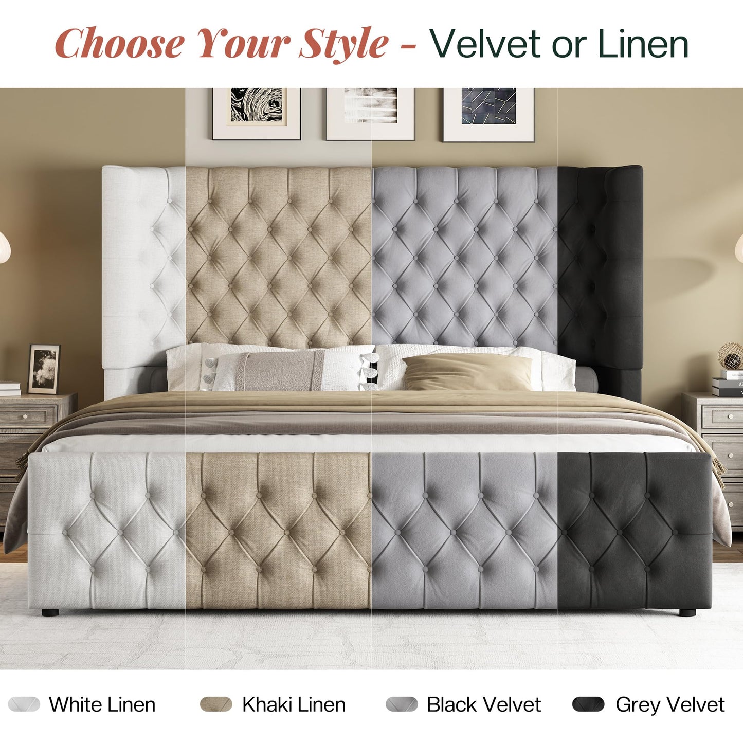Jocisland King Size Platform Bed Frame, 6.3" Thick Upholstered Curved Wingback Headboard and Footboard with Deep Button Tufted, No Box Spring Needed, Easy Assembly, White Linen