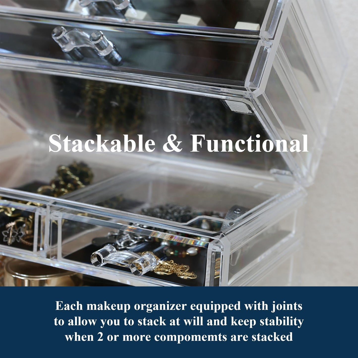 Sea Team 3-Tier Stackable Clear Makeup Organizer with Drawers, Acrylic Plastic Cosmetic Display Case, Jewelry Storage Box, Holde