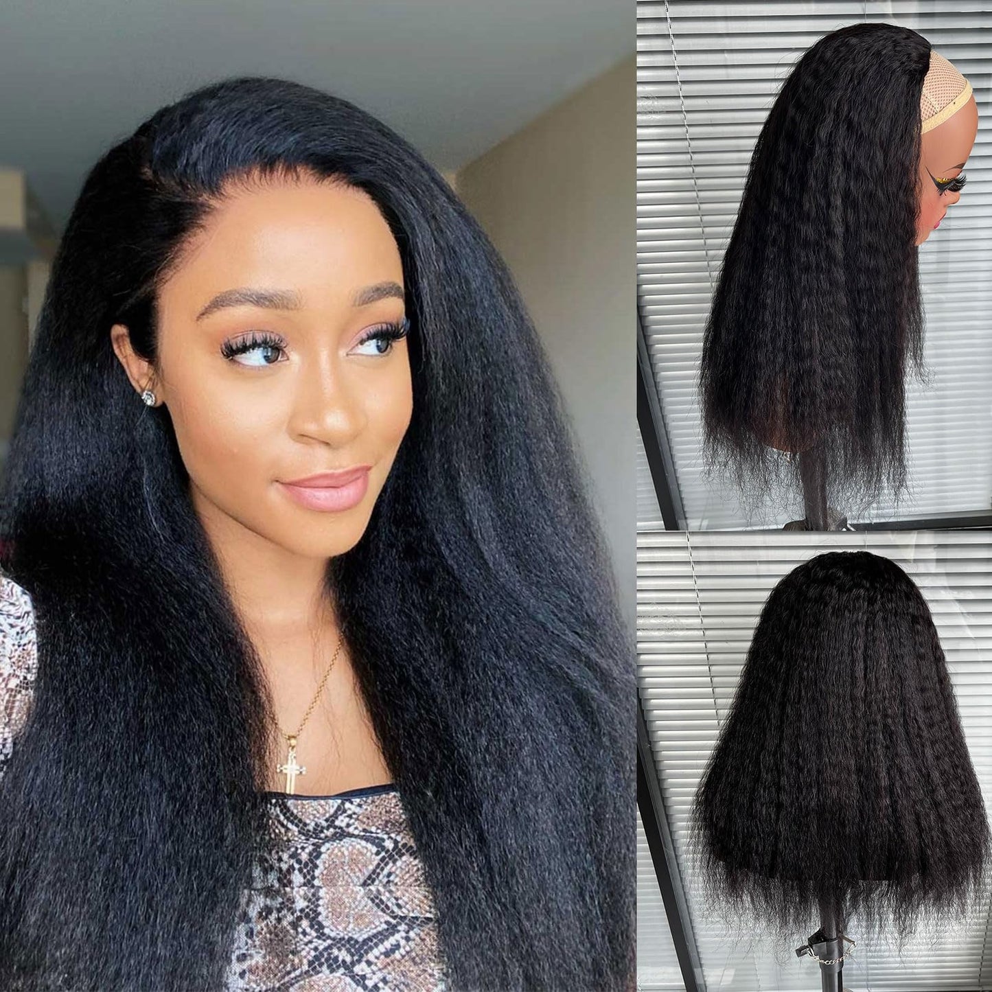 DSEKCAIN Kinky Straight Half Wig Human Hair Glueless 210% Density Yaki Straight 3 in 1 Half Wig 100% Real Human Hair Seamless Fl