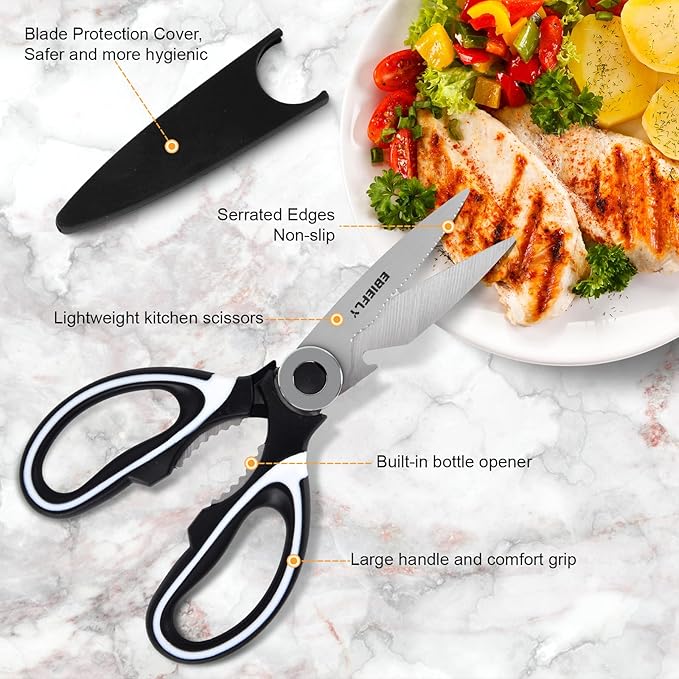 Kitchen Scissors Utility Chopping Scissor Professional Shears for Meat Cutting Sharp Kitchenaid Shears Multipurpose Scissor for Food Outdoor BBQ No Rust + 100 Pcs Plastic Gloves Disposable