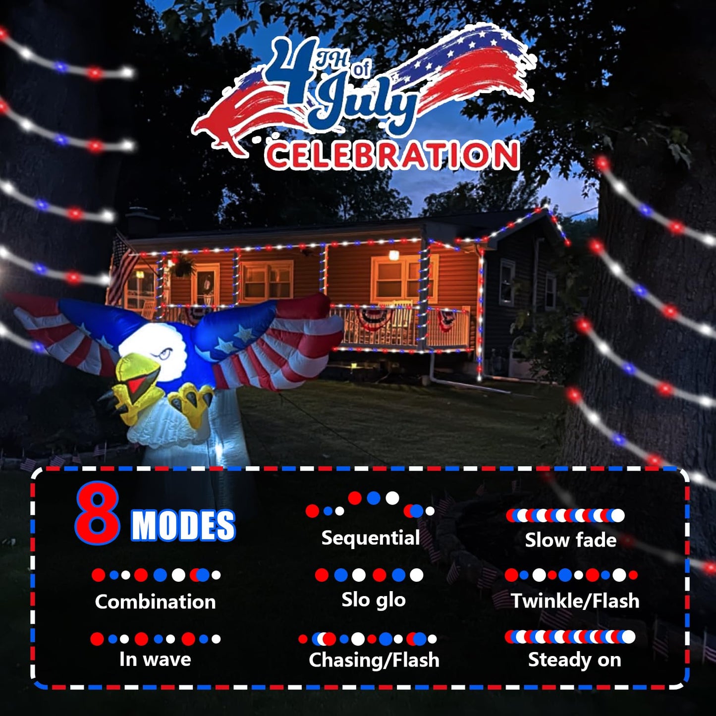 YEGUO Solar Rope Light, 200 LED, 66ft, 8 Modes, Red White Blue, 4th of July Decorations