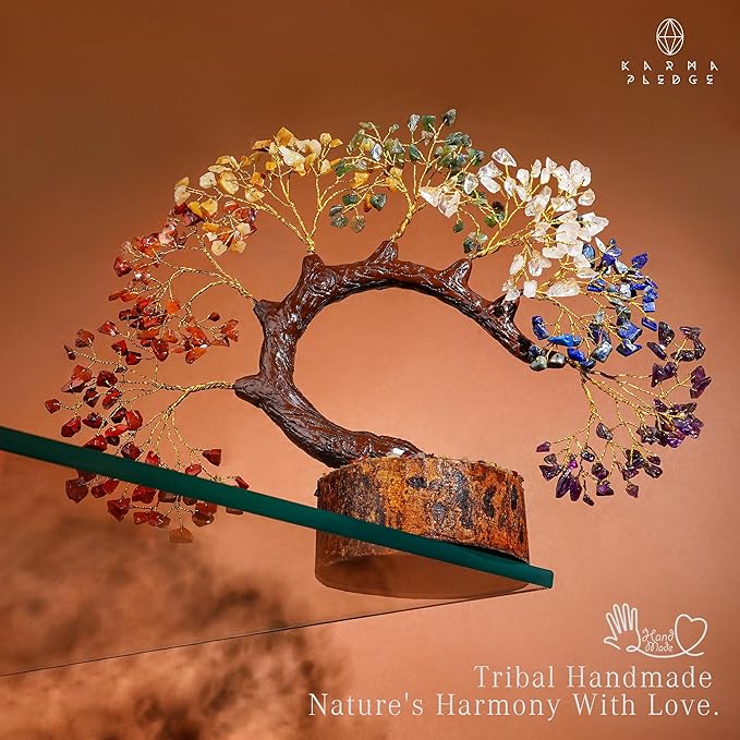 KARMAPLEDGE 7 Chakra Crystal Tree of Life for Home, Office Desk Decor, Handmade Bonsai Trees for Positive Energy, Money, Good Luck Birthday Gifts for Women, Mom