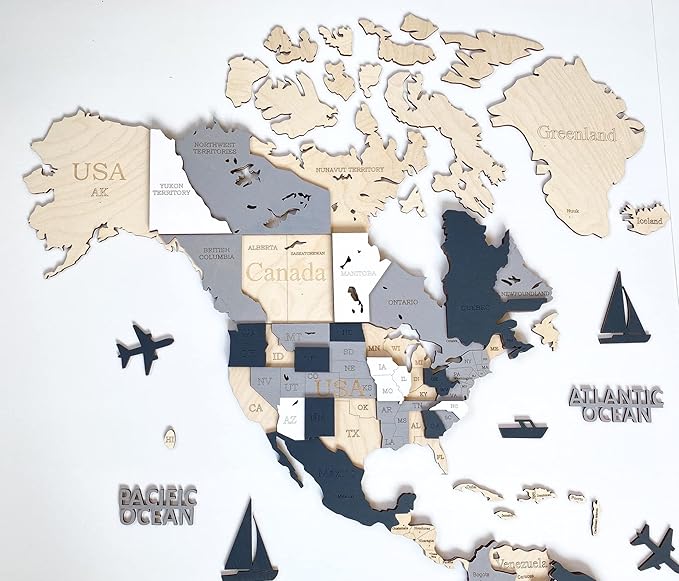 Wooden World Map 3D Art Large Wall Decor - Size (M, L, XL) Any Occasion Gift Idea - Wall Art For Home, Kitchen or Office (XL, ALASKA)