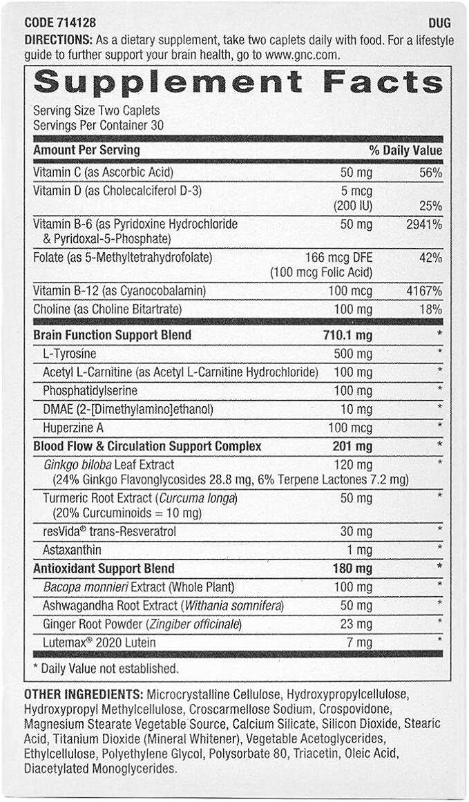 GNC Preventive Nutrition Brain Health Formula, 60 Caplets, Supports Memory Function and Enhances Circulation