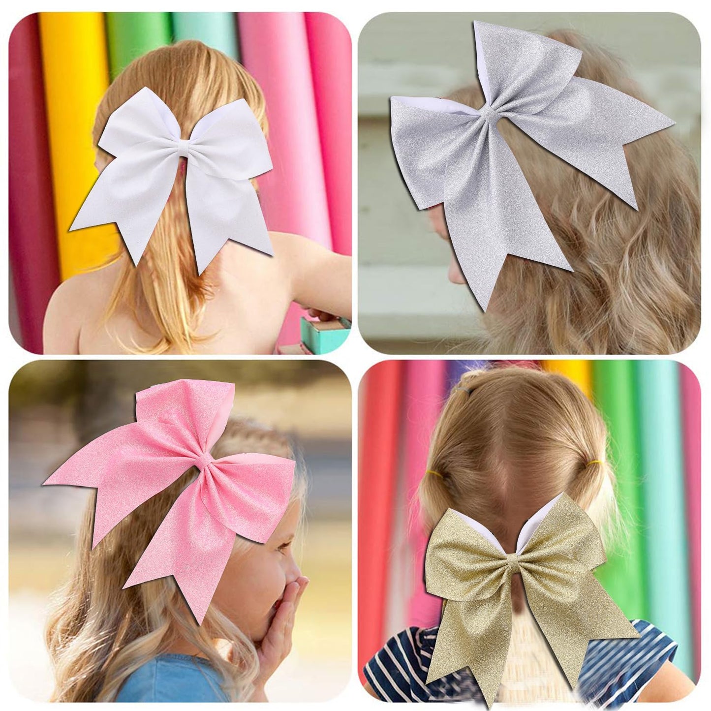 16 PCS Large Glitter White Cheer Hair Bows, Shiny Cheerleading Bows Ponytail Holder for Cheerleader Girls Softball Sports and Ch