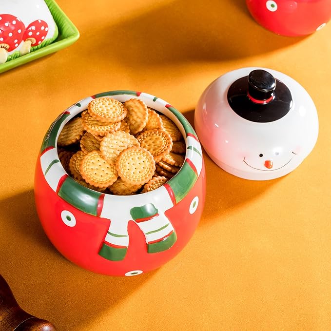 Christmas Snowman Ceramic Cookie Jar – Large Holiday Treat Storage Container with Lid – Festive Kitchen Countertop Decoration