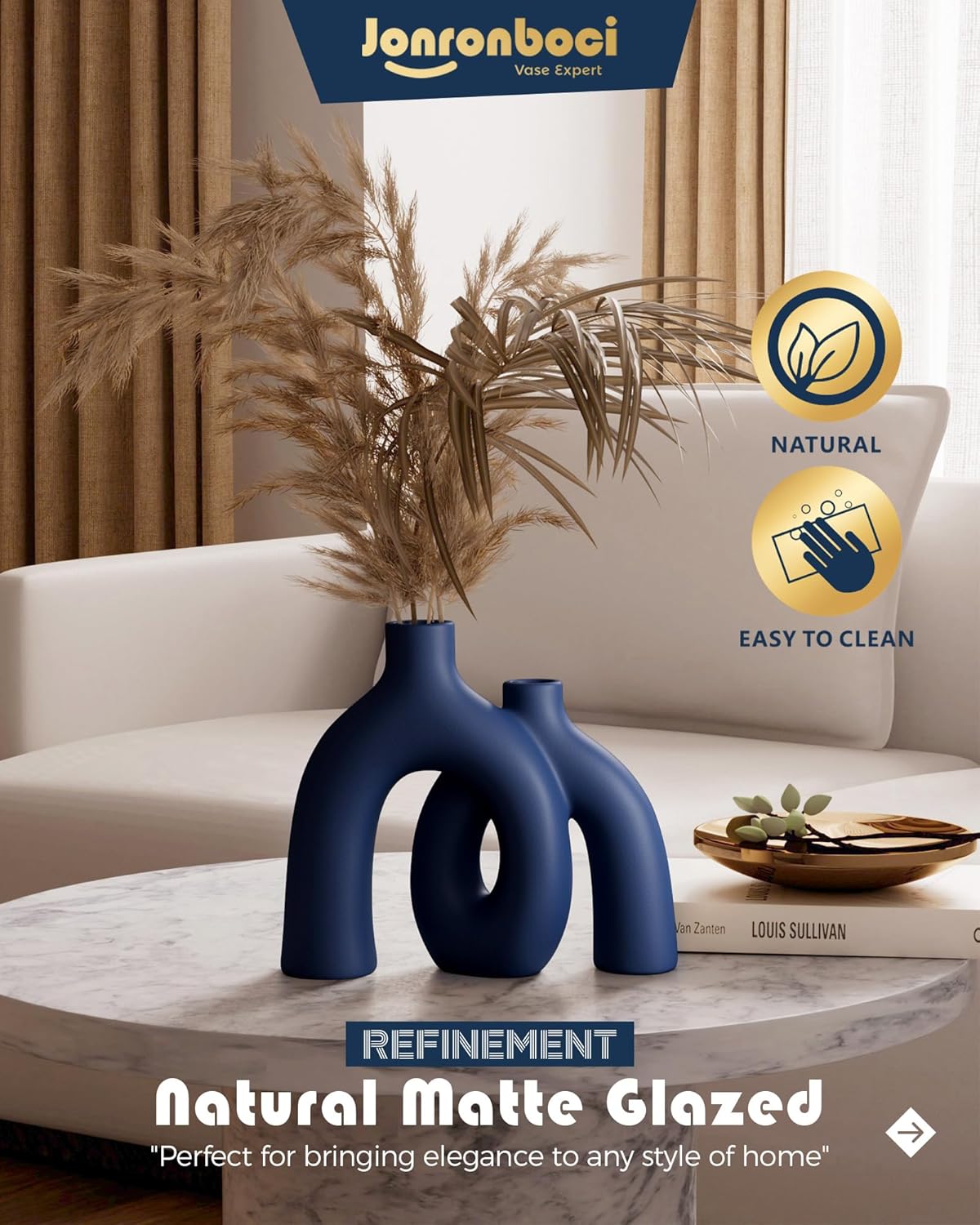 Hug Donut Decorative Vase Set - Navy Blue Vase, Modern Coastal Style Vases Home Decor, Matte Ceramic Decorations for Living Room Shelf, Bookshelf Mantle Entryway Table or Console Décor (Navy Blue)