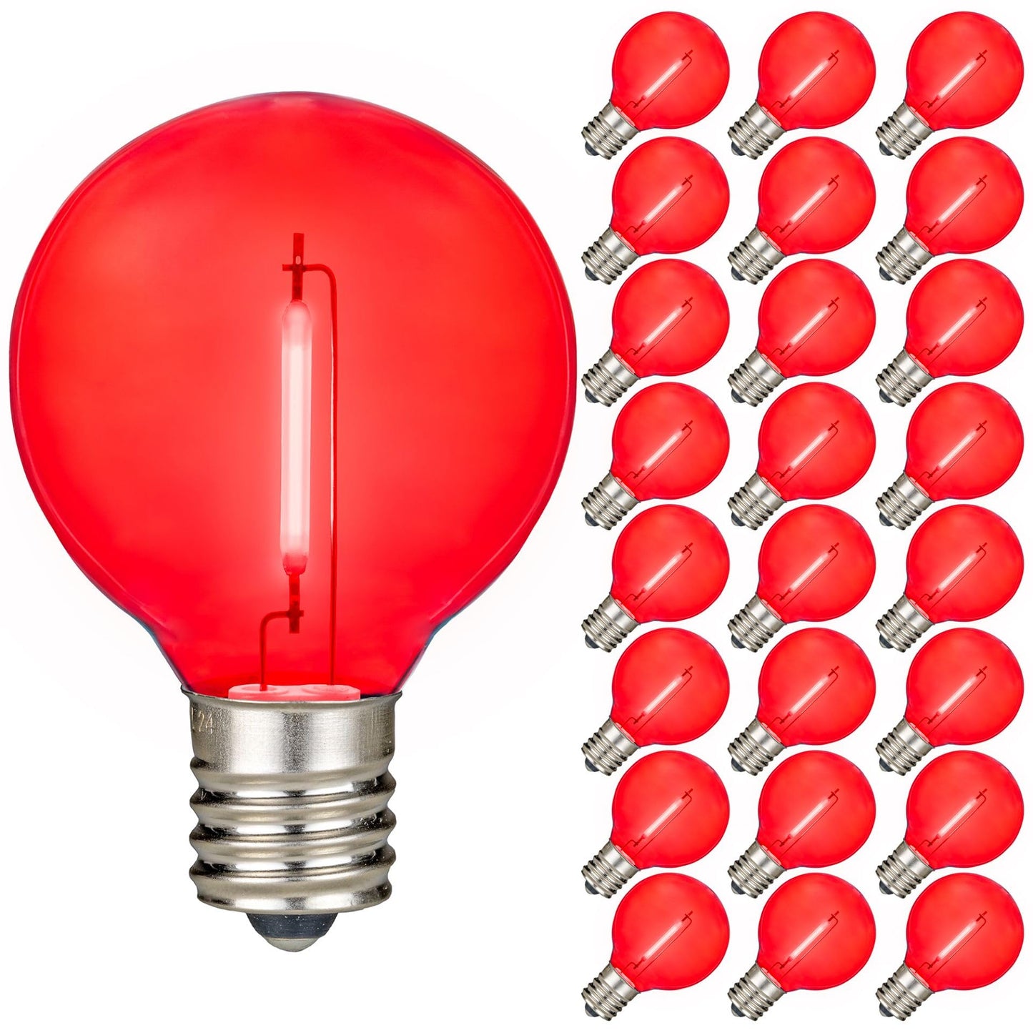 Novelty Lights 25 Pack Red G40 Led Filament String Light Bulbs  E12/C7 Candelabra Base  5 Watt Equivalent  Shatterproof Replacement Bulbs For Patios  Canopy Lighting