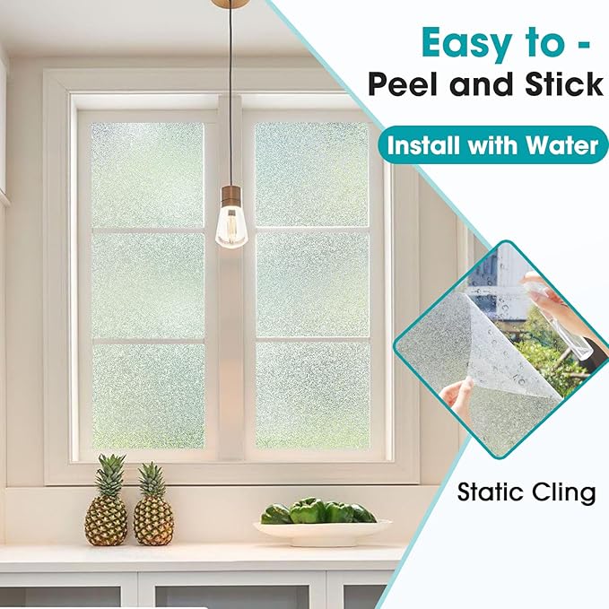 Coavas Window Privacy Film Frosted Glass Static Clings, Decorative Bathroom Door Privacy Film Day and Night, Heat UV Blocking Anti-Glare Frosting Stickers Renter Non-Adhesive, 29.5 x 78.7 Inch, Silver