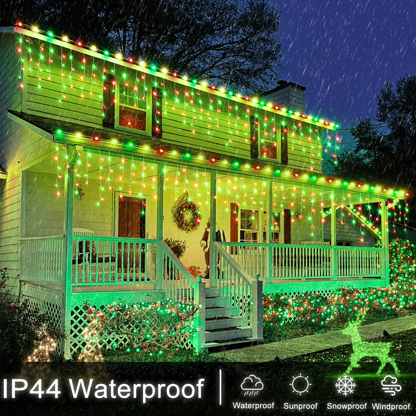 Einiiya Icicle Lights, 400 LED, 33ft, Red & Green, 8 Modes, Waterproof, Outdoor Plug-in Christmas Decorations, Model BG-CL3M3-306L