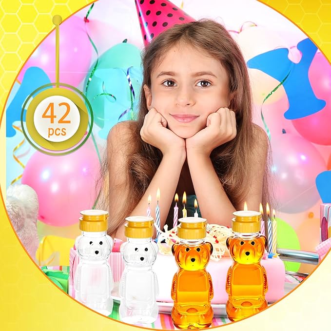 42 Pcs 8 oz Plastic Honey Bear Bottle Clear Honey Squeeze Bottles Empty Dispenser Container with Flip Lid for Storing Dispensing Holiday Wedding Gifts, 2 Colors (Color Set 1)