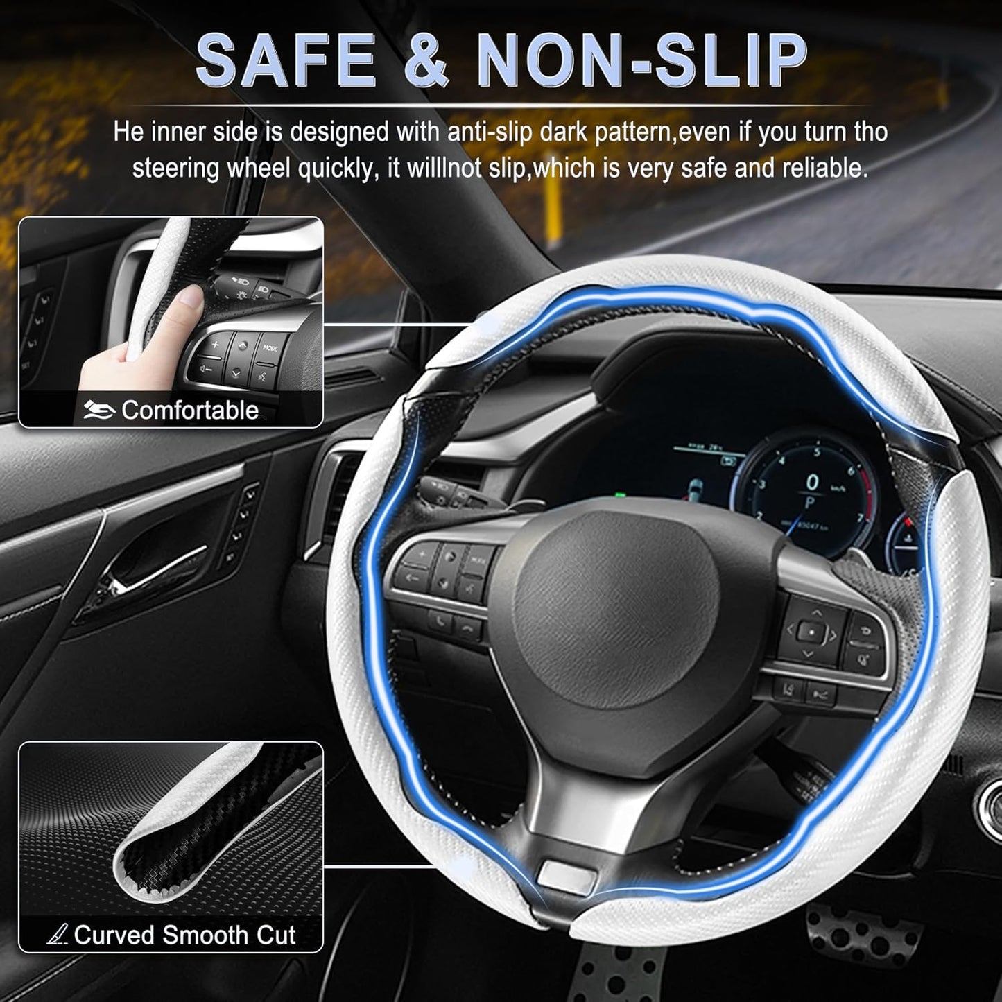 Amiss 3pcs Carbon Fiber Anti-Skid Steering Wheel Cover, Segmented & Butterfly Design, Universal 99% Car Wheel Cover Protector, White