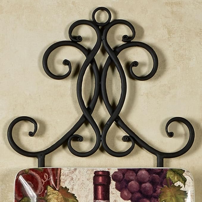 Kanya Black Four Plate Wall Mount Rack | Four Plate Holder | Plate Display Easel Decor | Openwork Scrolls | Traditional Classic Metal Plate Racks | Square or Round Plates | Kitchen | Dining Room