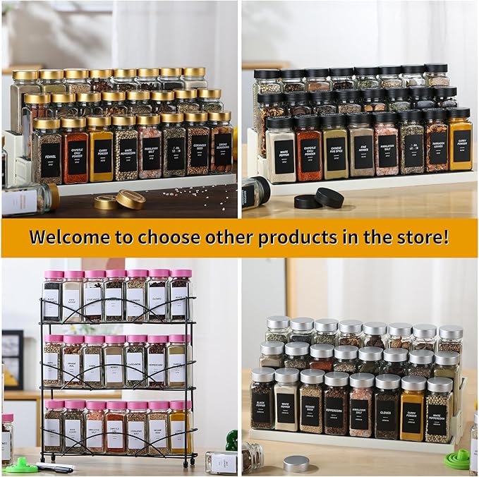 24 Glass Storage Jars- Spice Jars with Label-4oz Spice Containers with Shaker Lids and Silvery Lids,3 Sets of Spice Labels for Spice Rack
