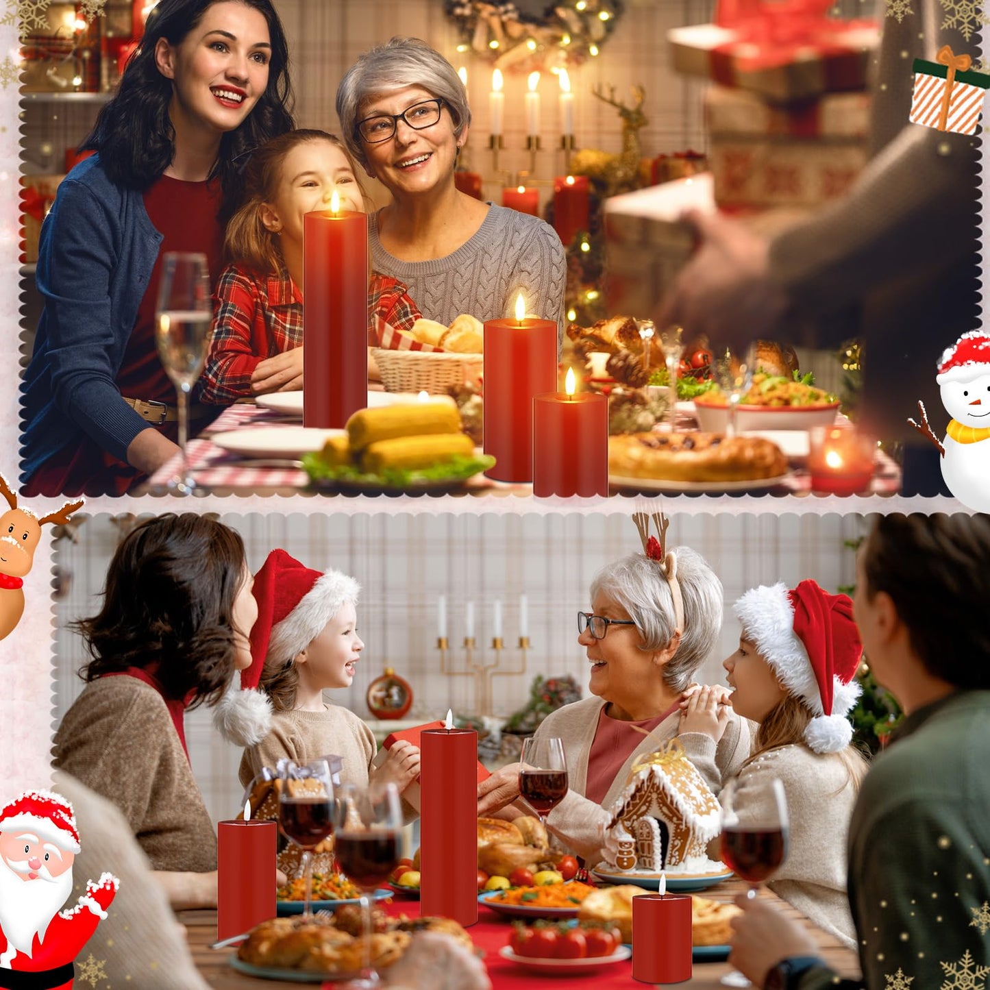 Retisee 3 Pcs Christmas Red Large Flameless LED Battery Operated Candles with Remote Xmas Pillar Flameless Flickering Candles for Indoor Outdoor Santa Party Wedding Light Decor(4''/6''/10'' x 3'')
