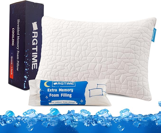 Cooling Pillows for Sleeping, Adjustable Shredded Memory Foam Pillow Queen Set of 1, Cool Pillow for Hot Sleepers, with Extra Fill for Side Back and Stomach Sleepers