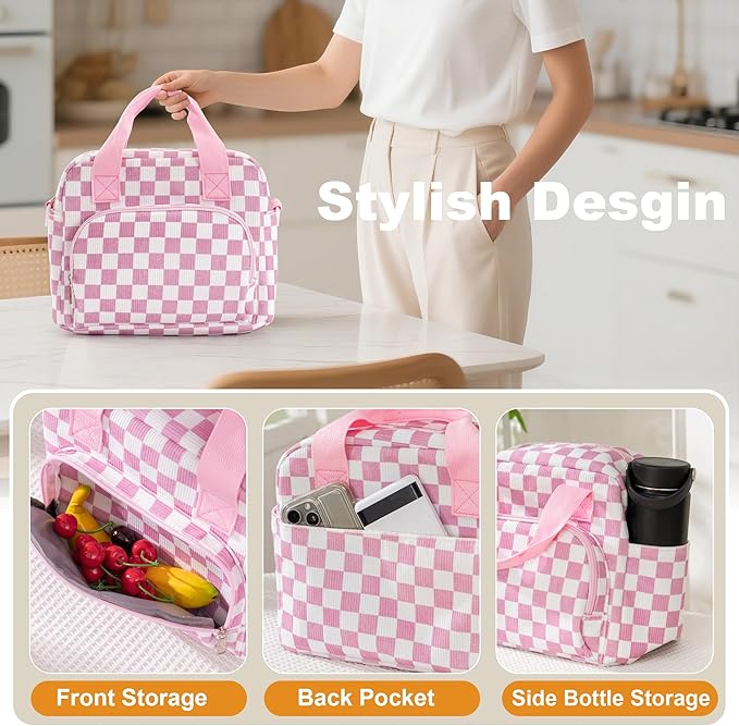 Large Lunch Bag for Women Insulated Lunch Box Reusable Cooler Bag Portable Cute Corduroy Leakproof Tote Bags for Travel, Work, and Picnic, Pink and White