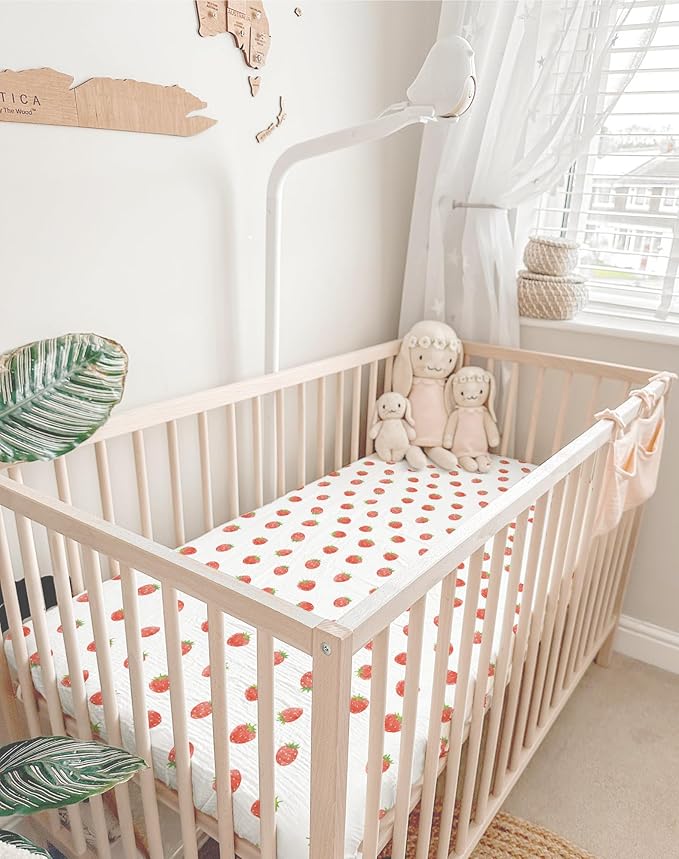 Crib Sheets for Baby Boy Girl 2 Pack, Fitted Crib Mattress Sheet 28" x 52", Muslin Toddler Bedding with Neutral Style, Nursery Bedding Essentials (Strawberry & Pale Pink)